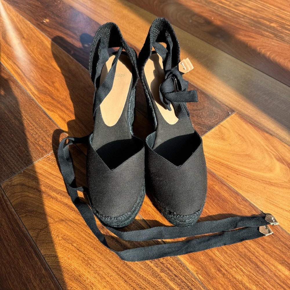 Castaner Black Canvas Espadrille Wedges with Wrap Ties